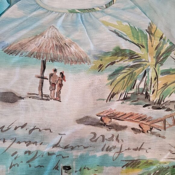 Chicos Medium Tropical Beach Seaside Sangria Easy Tee Top 3/4 Sleeve Blue - Picture 2 of 10